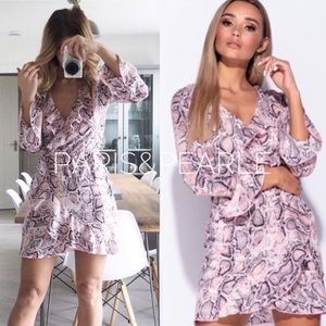 Esperanza Pink Snake Print Ruffle Trim Wrap Dress